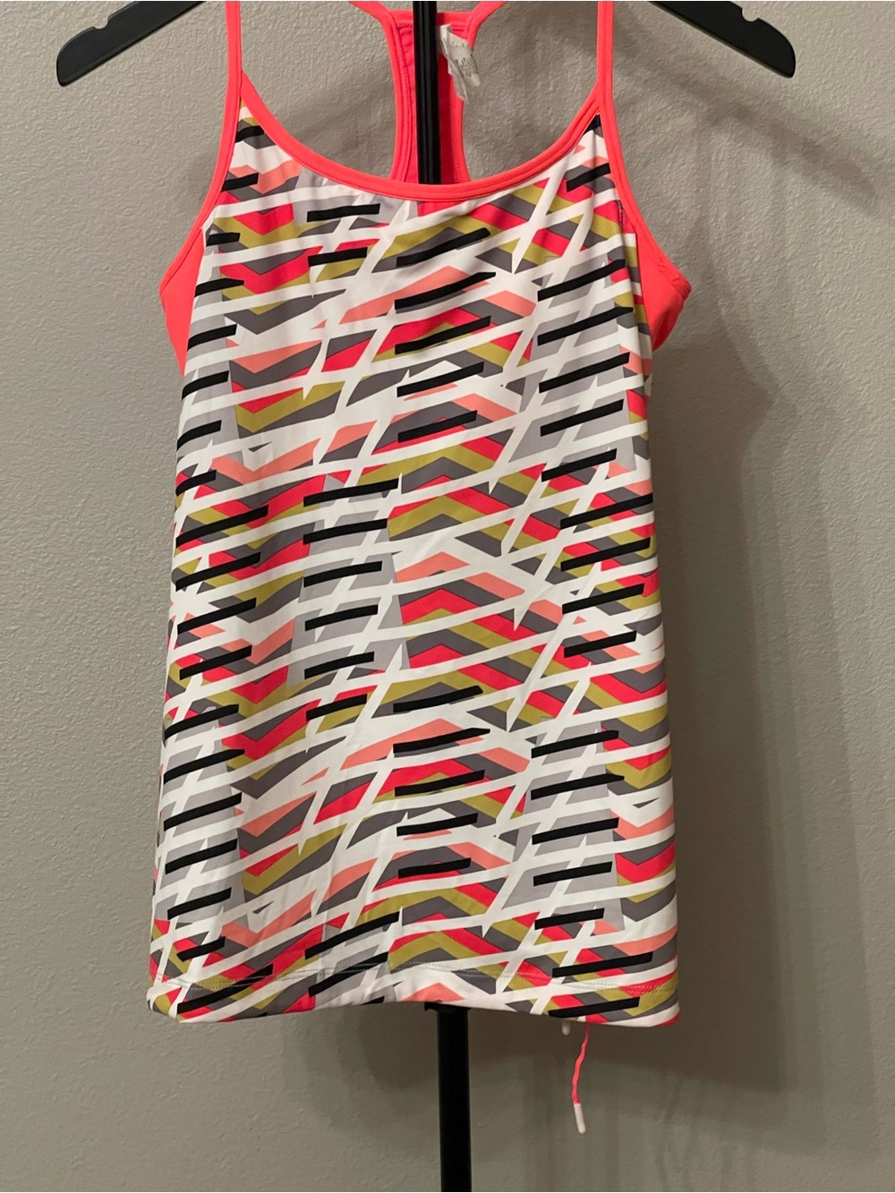 Fabletics Neon Coral and Multicolor Geometric Sports Bra